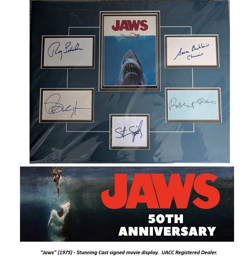 Jaws Cast signed display Shaw Scheider Dreyfuss Spielberg x5
