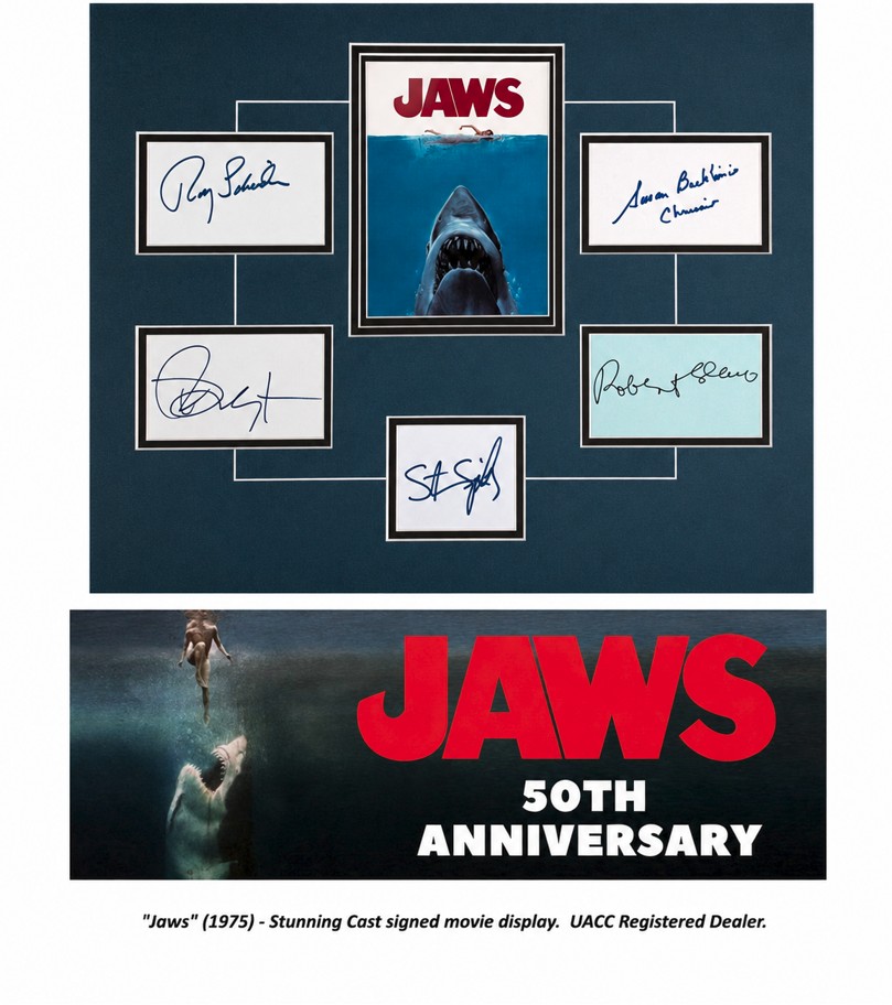 Jaws Cast signed display Shaw Scheider Dreyfuss Spielberg x5