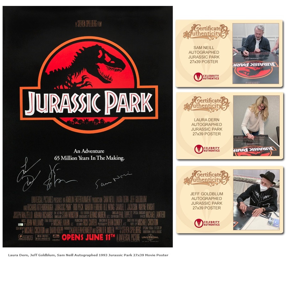 Jurassic Park Poster 1993 signed x3 Sam Neil Laura Dern