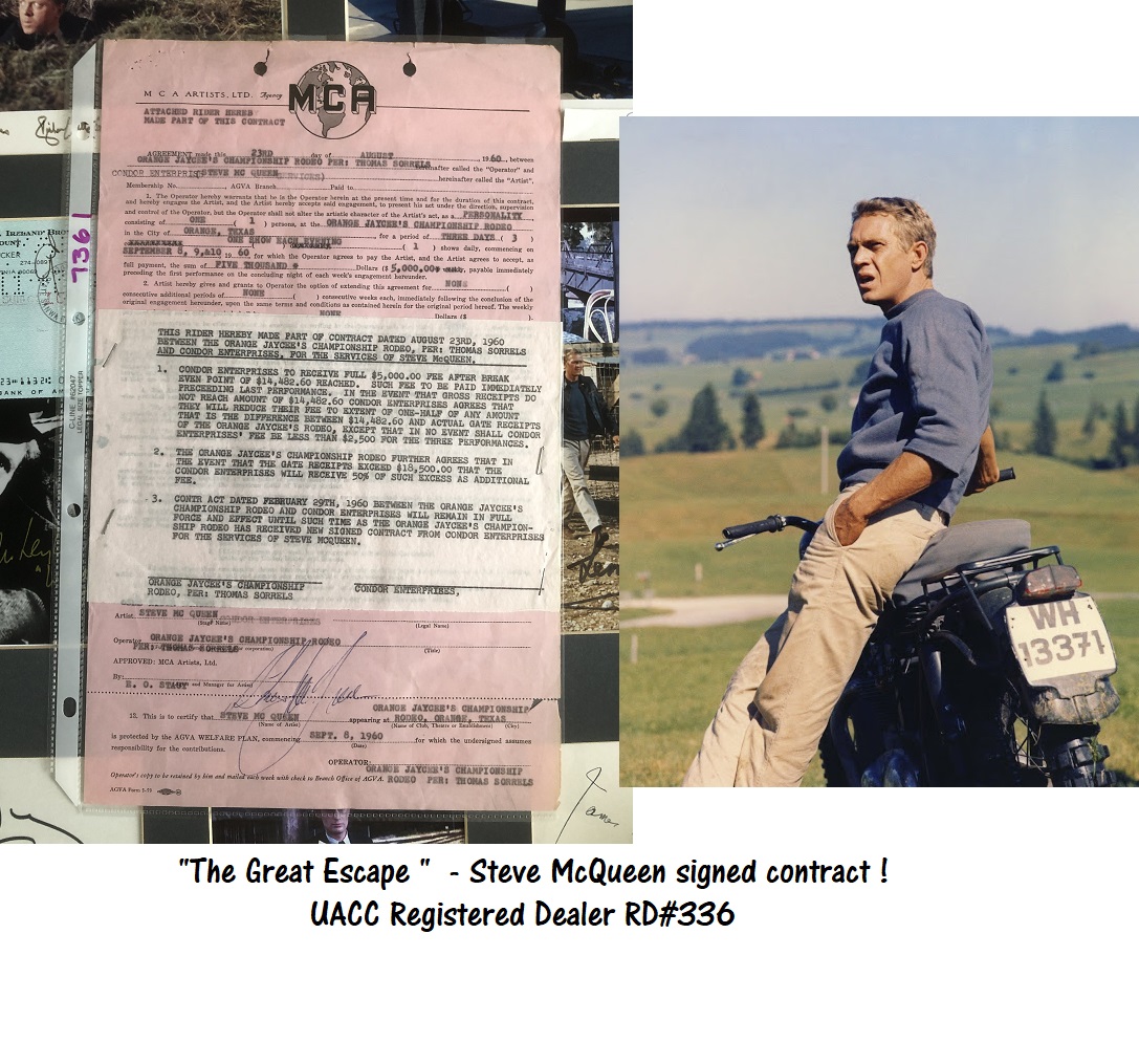 STEVE MCQUEEN The Great Escape Magnificent Seven Signed Contract