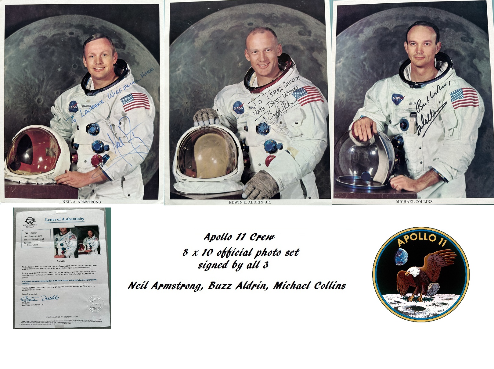 APOLLO 11 NASA photos Neil Armstrong Aldrin Collins signed x3